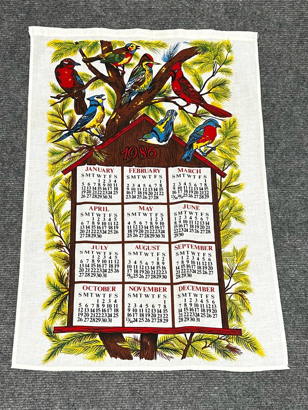 🟢 3/$25 - 1986 - Calendar Tea Towel - Vintage - Birds